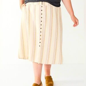 Sonoma Women’s Plus Linen Blend Button Front Neutral Stripe Midi Skirt Size 2X